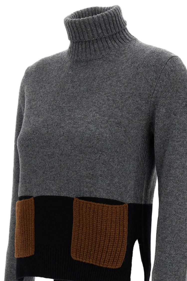Plan C Grey Cashmere-Blend Bicolor Turtleneck Sweater
