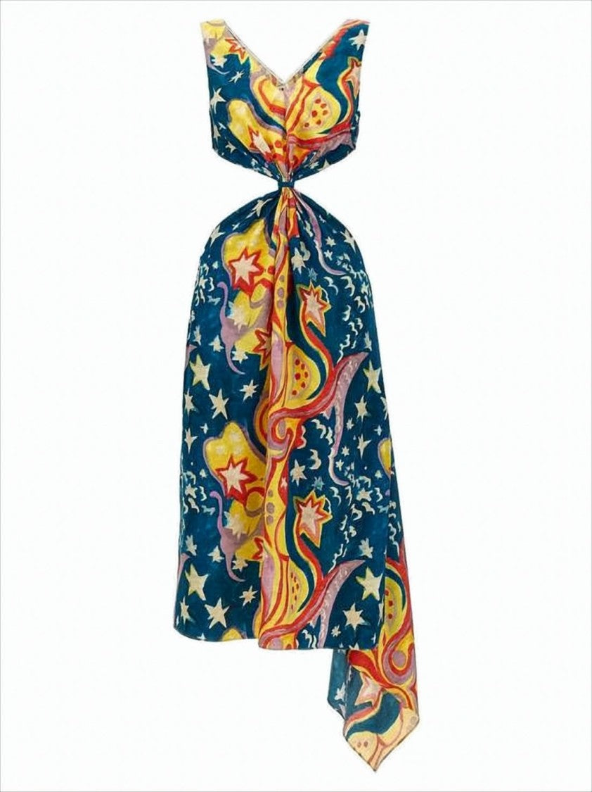 Marni Maxi Dress With Abstract Pattern And Twisted Knot Detail
