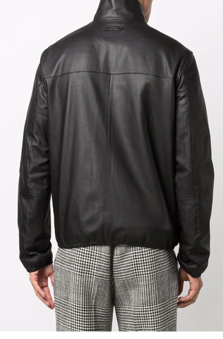 Emporio Armani Fitted Black Blouson Jacket In 100% Lamb Leather