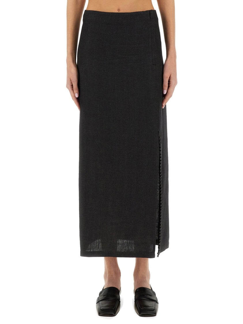 Alysi Black Linen Maxi Skirt With Side Slit