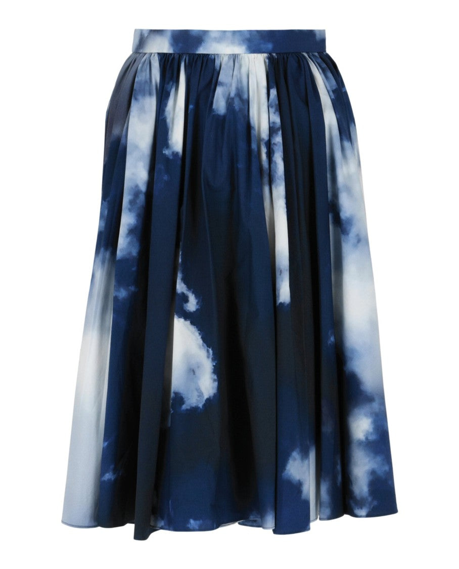 Alexander Mcqueen Cloud Print A-Line Midi Skirt With Gathered Pleating