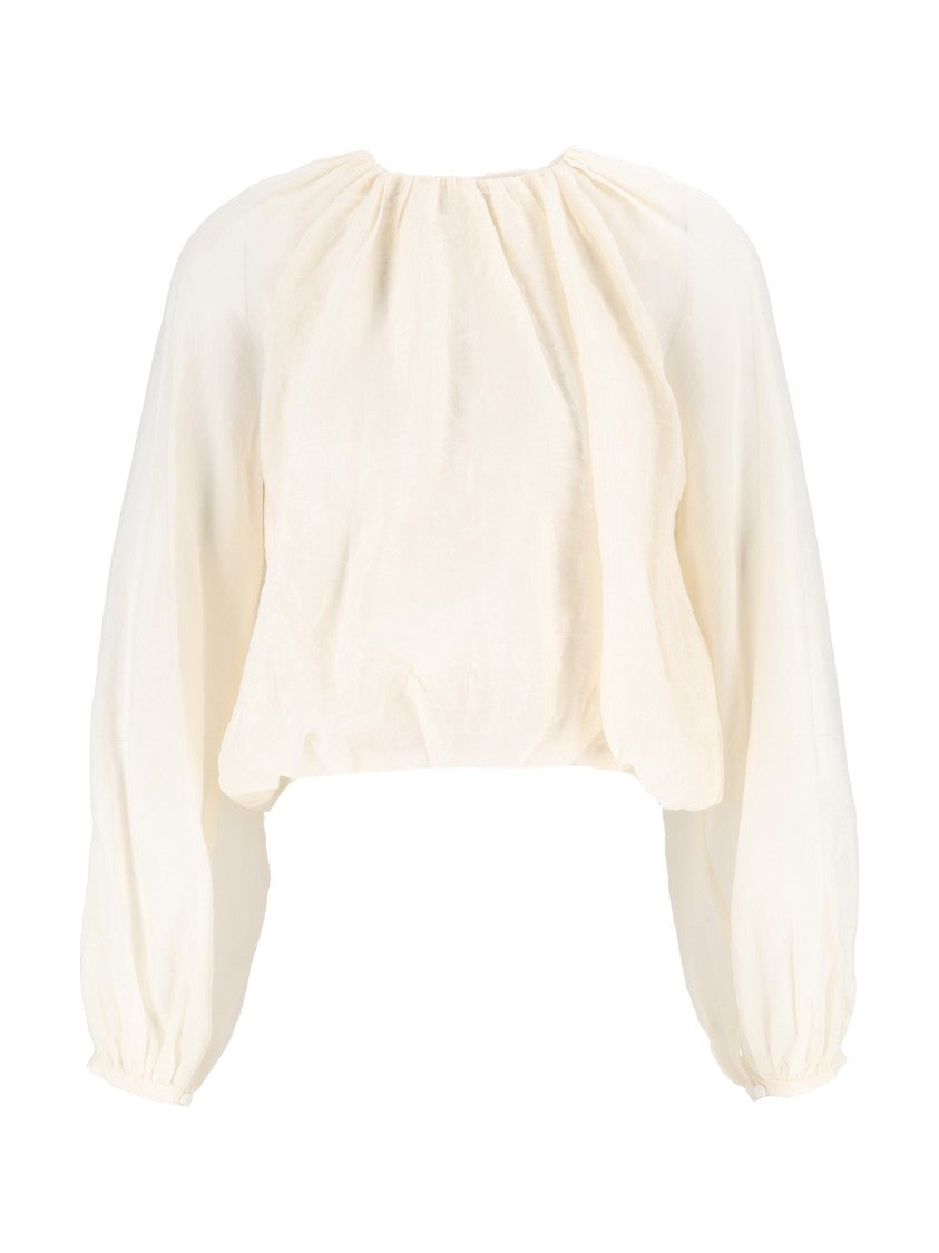 Eleh Cream Voluminous Sleeves Pleated Cropped Blouse