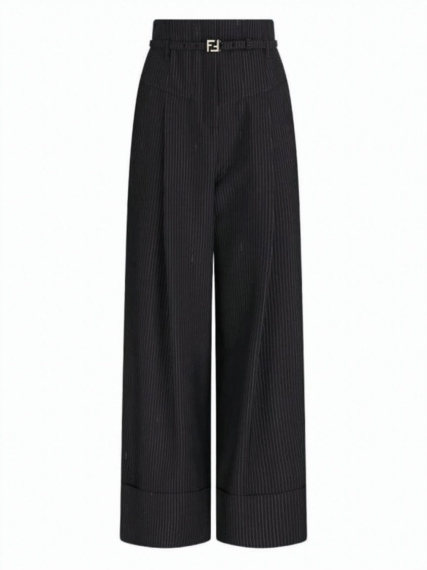 Fendi Pinstripe Wide-Leg Wool Blend Trousers With Logo Buckle