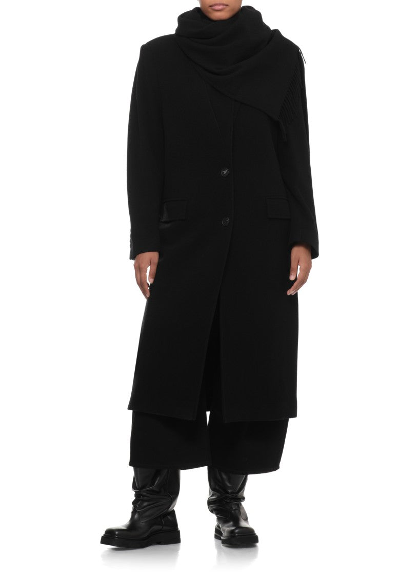 The Attico Long Black Coat With Two-Button Closure And Built-In Fringed Scarf