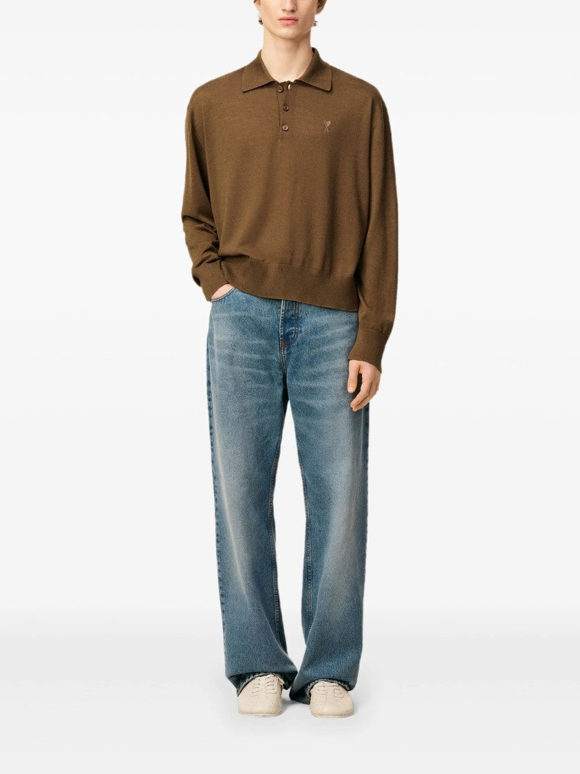 Ami Brown Wool-Silk Blend Polo Shirt