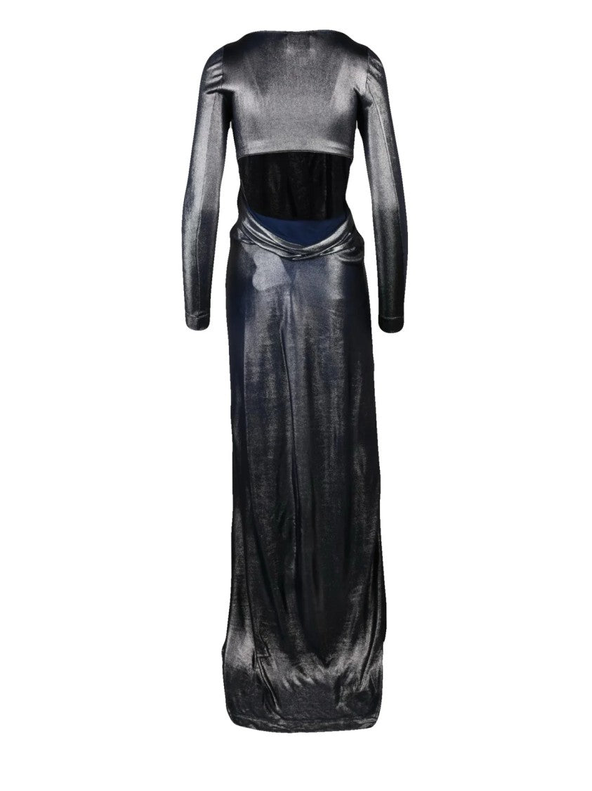 Vivienne Westwood Asymmetric Long Dress With Integrated Bodysuit In Silver Lamé