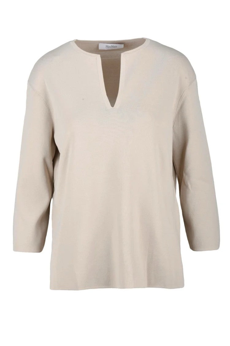 Max Mara Beige Viscose-Blend Three-Quarter Sleeve Sweater