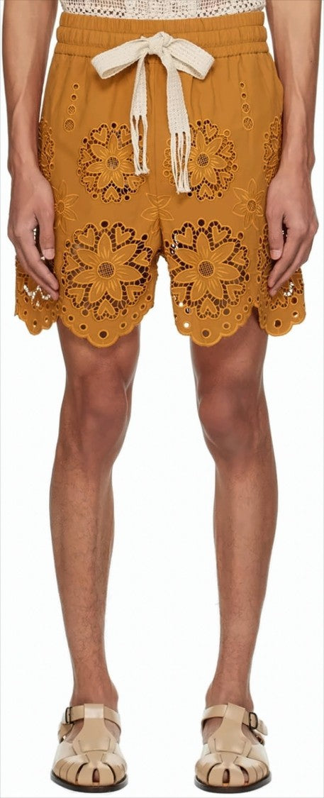 Cmmn Swdn Brown Cotton Shorts With Floral Cut-Out Embroidery