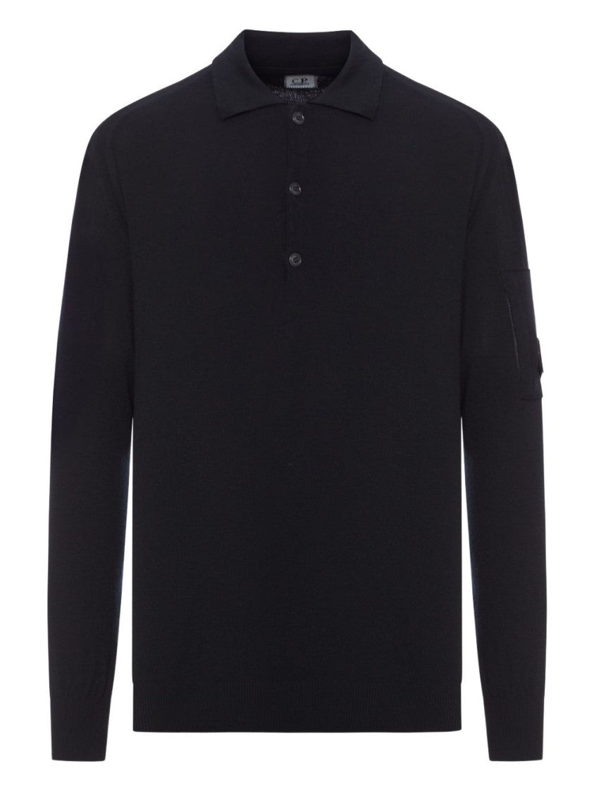 C.P. Company Tailored Black Polo Sweater In Extrafine Merino Wool