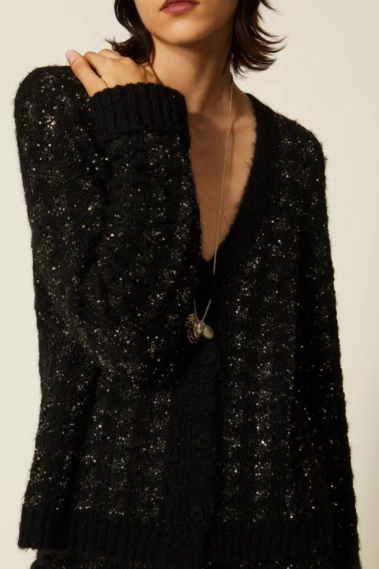 Twin-Set Black Sparkle-Fleck V-Neck Polyester-Blend Cardigan