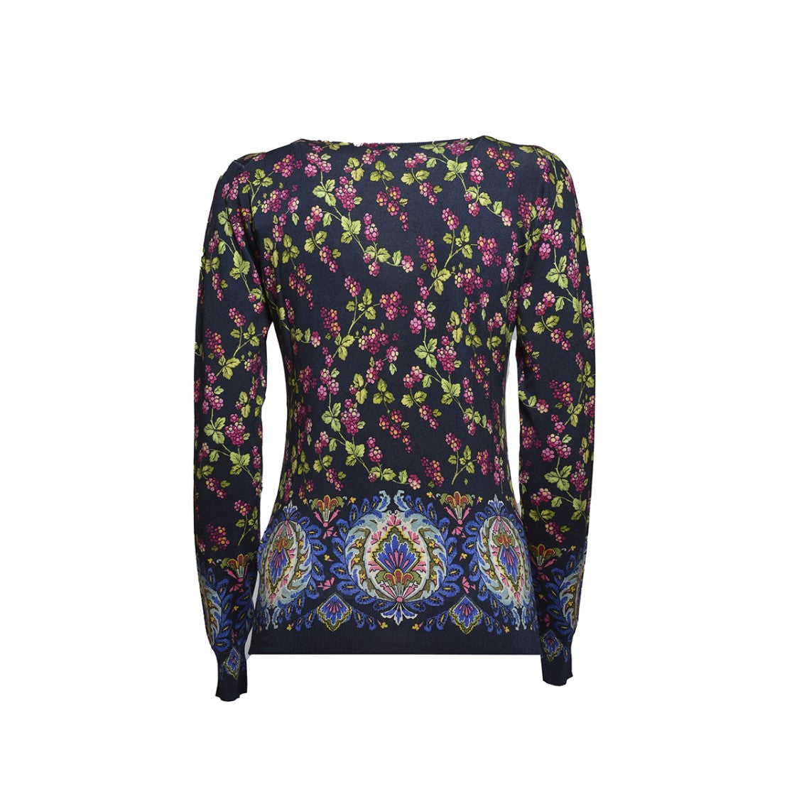 Etro Midnight Blue Silk V-Neck Sweater With Berries Pattern