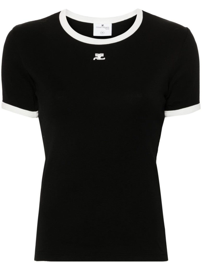 Courrèges Fitted Black T-Shirt With Contrasting Trim And Embroidered Logo