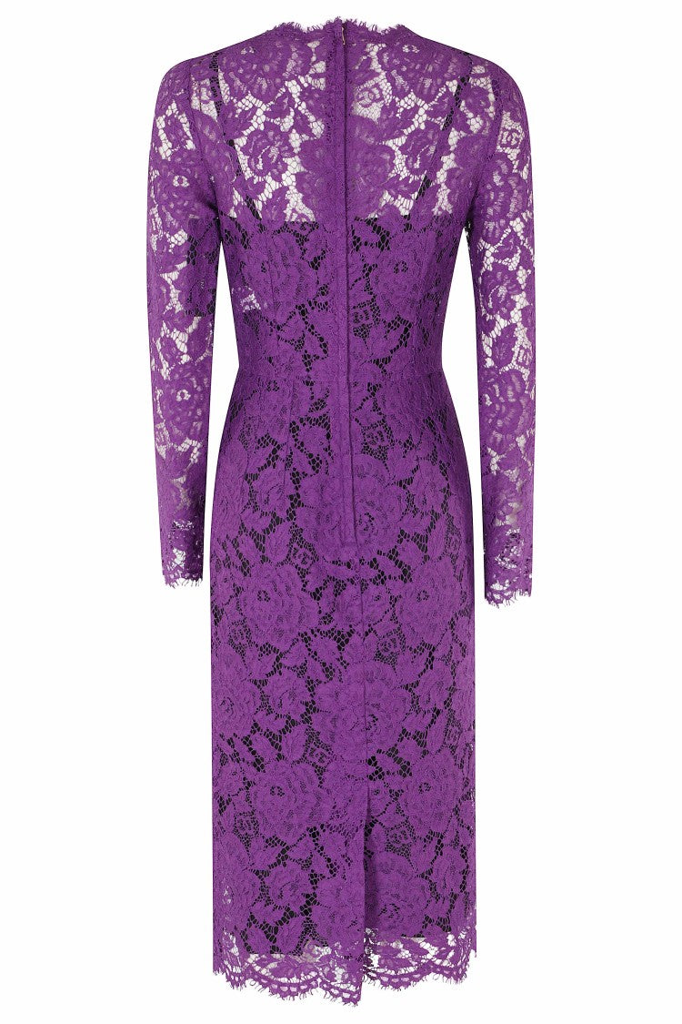 Dolce & Gabbana Purple Round Neck Scalloped Hems Cotton-Blend Midi Dress