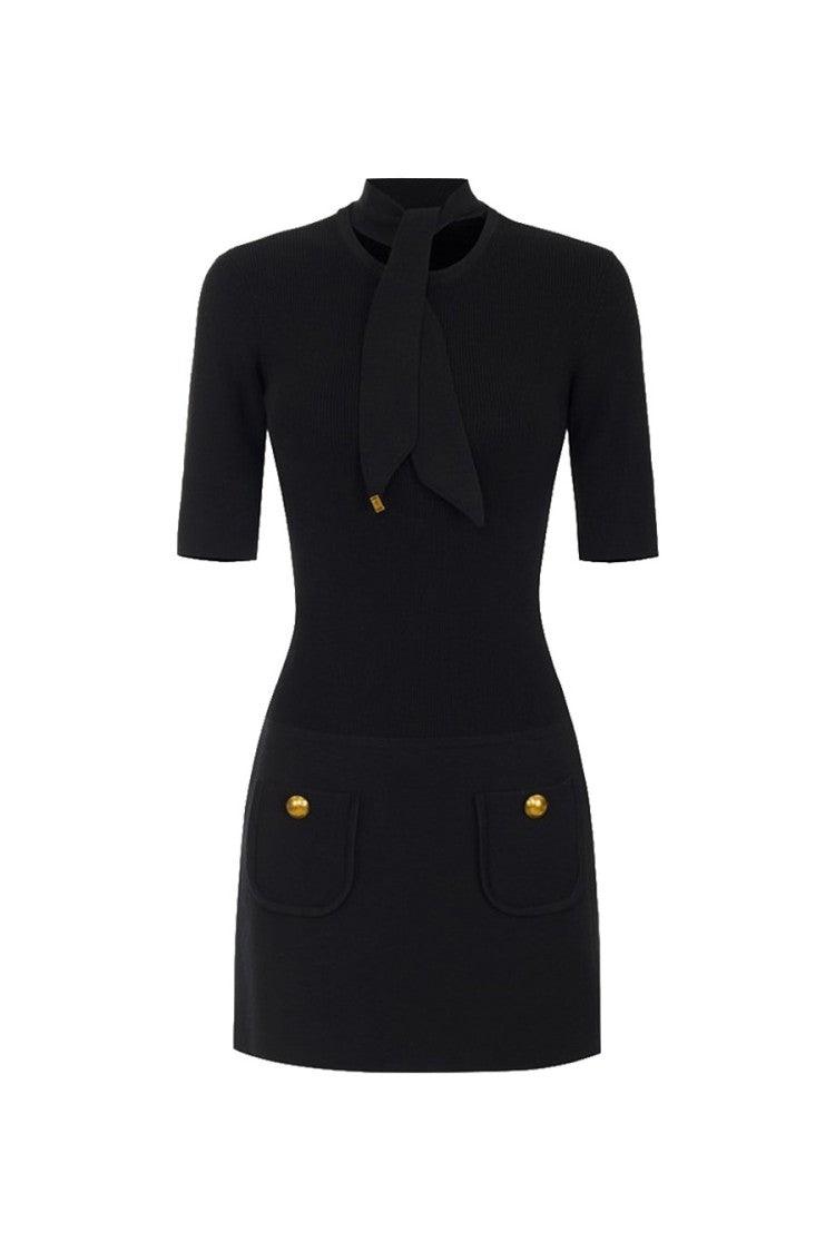Elisabetta Franchi Black Tie-Neck Ball-Button Flap Pockets Viscose-Blend Mini Dress