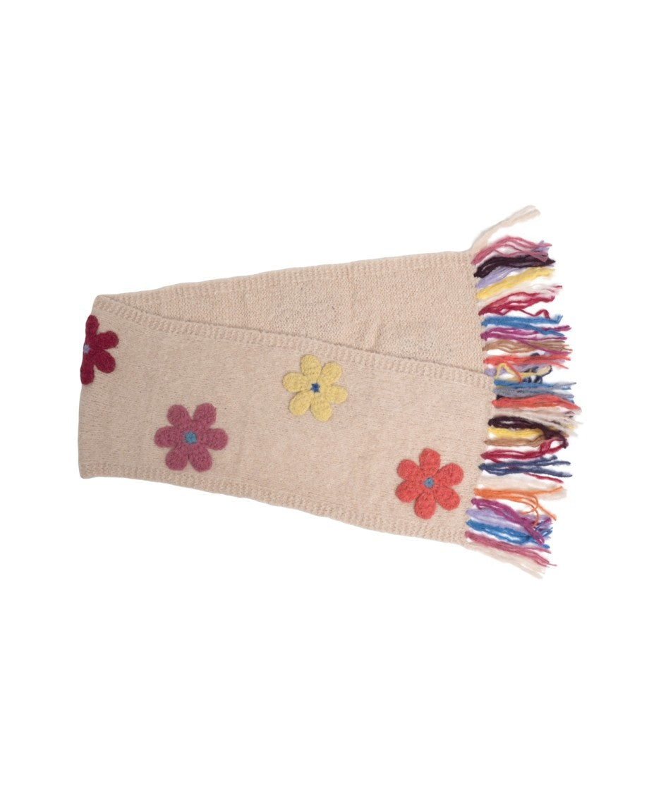 Frantic Beige Knitted Scarf With Floral Appliqués And Vibrant Fringes