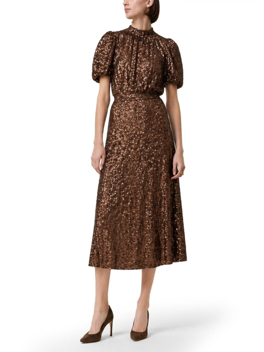 Rotate Birger Christensen Neutrals Voluminous Puff Sleeves Midi Dress