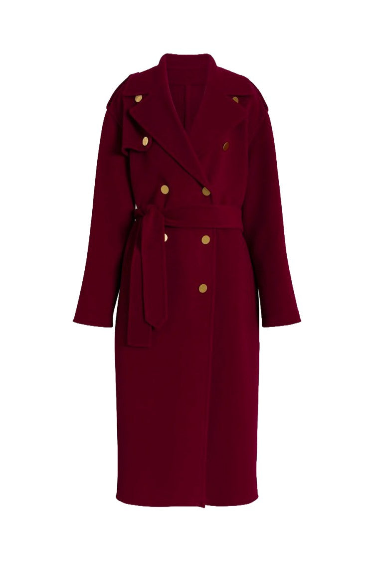 Alberta Ferretti Burgundy Double-Breasted Gold Button Wool-Blend Coat