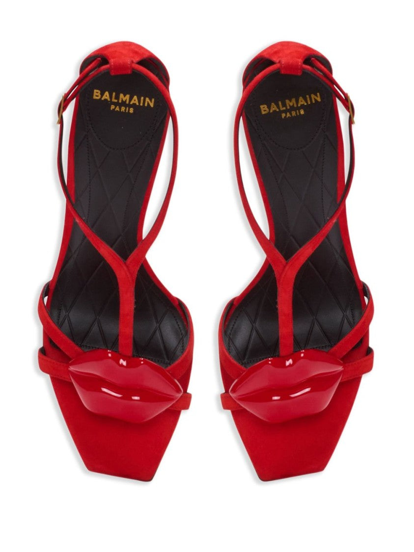 Balmain Red Stiletto Ankle Strap Open Sandals
