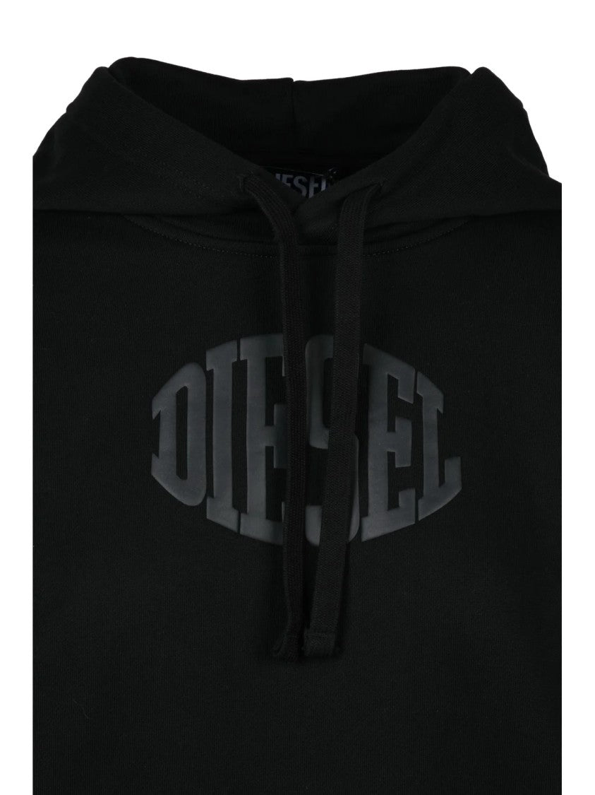 Diesel Cropped Black Hoodie With Drawstring Hood And Embossed Logo