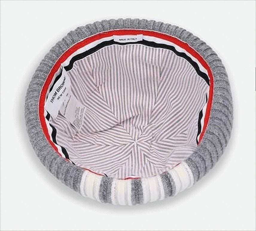 Thom Browne Ribbed Knit Hat With Grey Plaid Pattern And Striped Brim