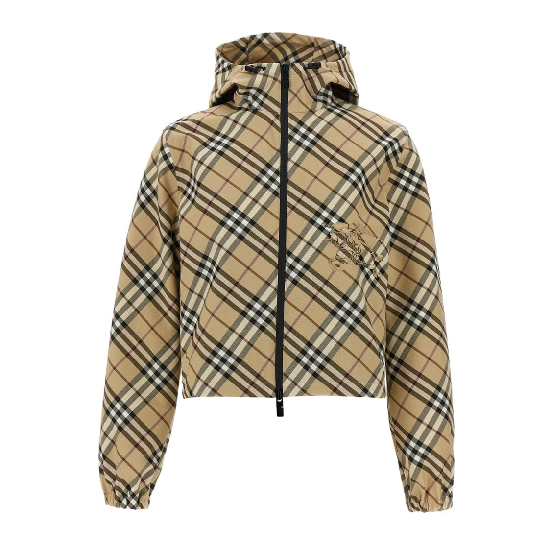 Burberry Cropped Plaid Jacket With Hood And Zipper Closure