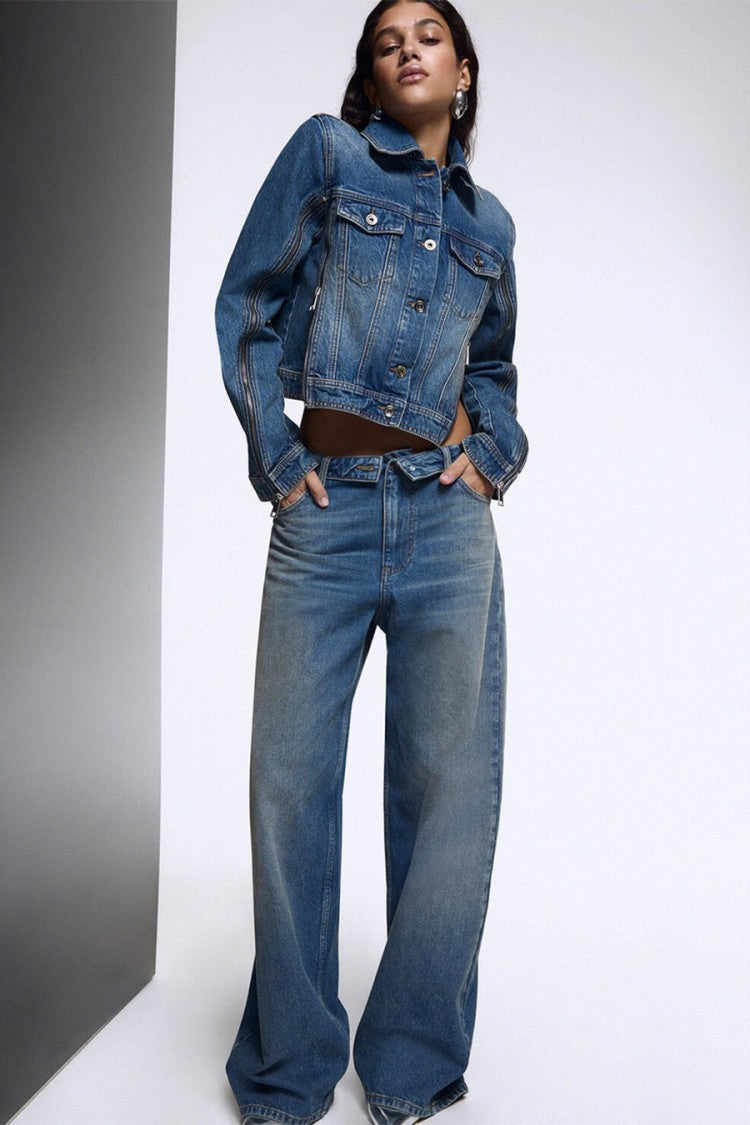 Liu Jo X Capsule 1 Elodie Mid Blue Faded-Wash Cropped Denim Jacket