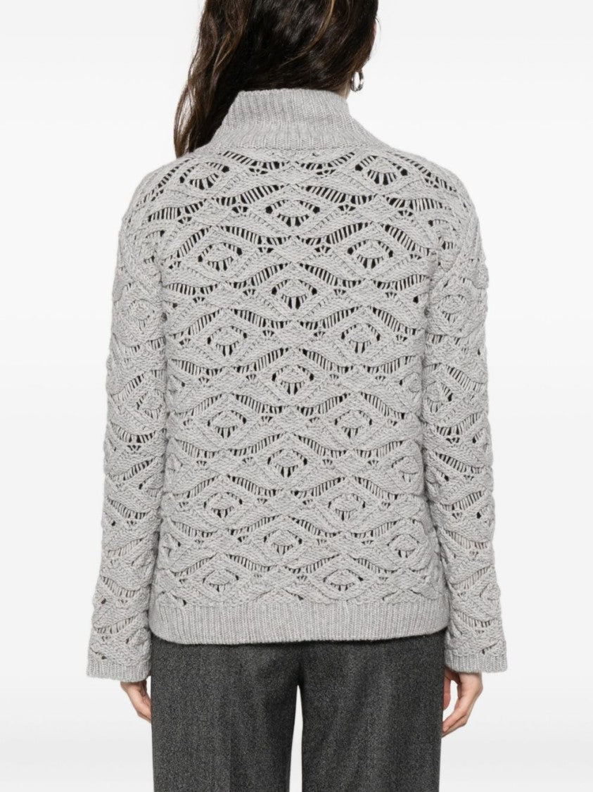 Tabaroni Cashmere Knitted Grey Cardigan With Textured Openwork Pattern