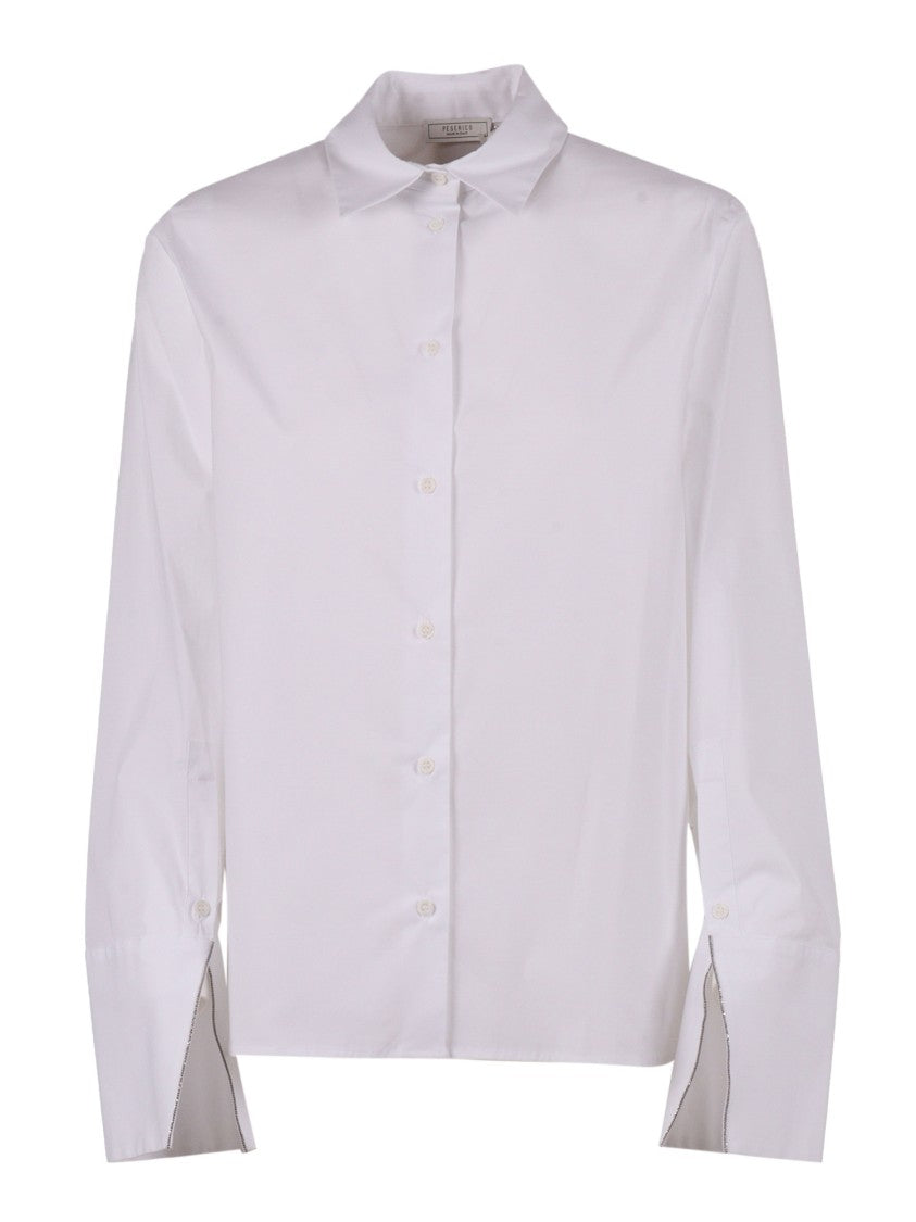 Peserico Crisp White Blouse With Unique Slit Cuffs