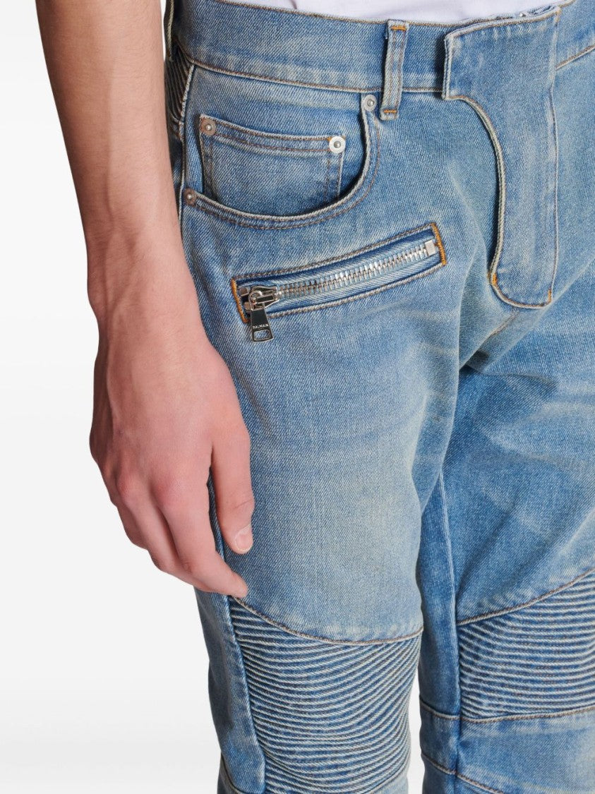 Balmain Slim-Fit Biker Trousers With Ribbed Detail