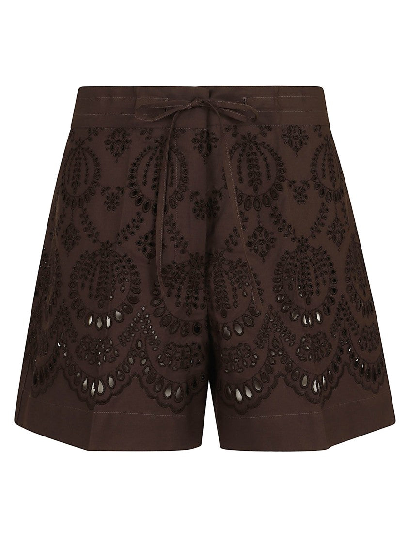 Parosh Broderie Anglaise Brown Shorts With Drawstring Waist