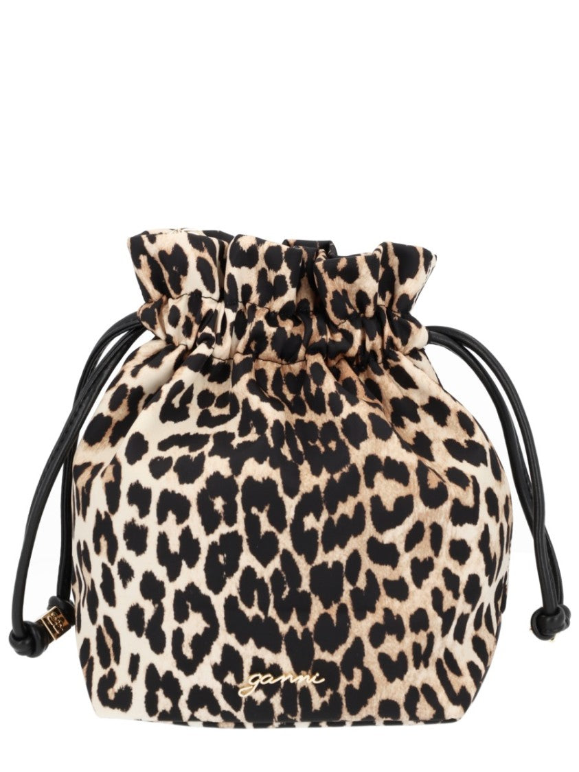 Ganni Multicolor Animal Print Drawstring Polyamide Shoulder Bag