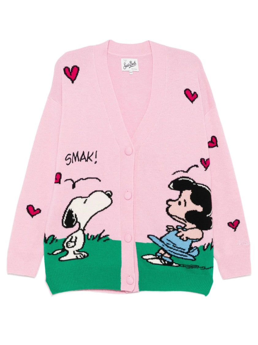 Mc2 Saint Barth Playful Cartoon Design Pink Cardigan With Button-Up Front