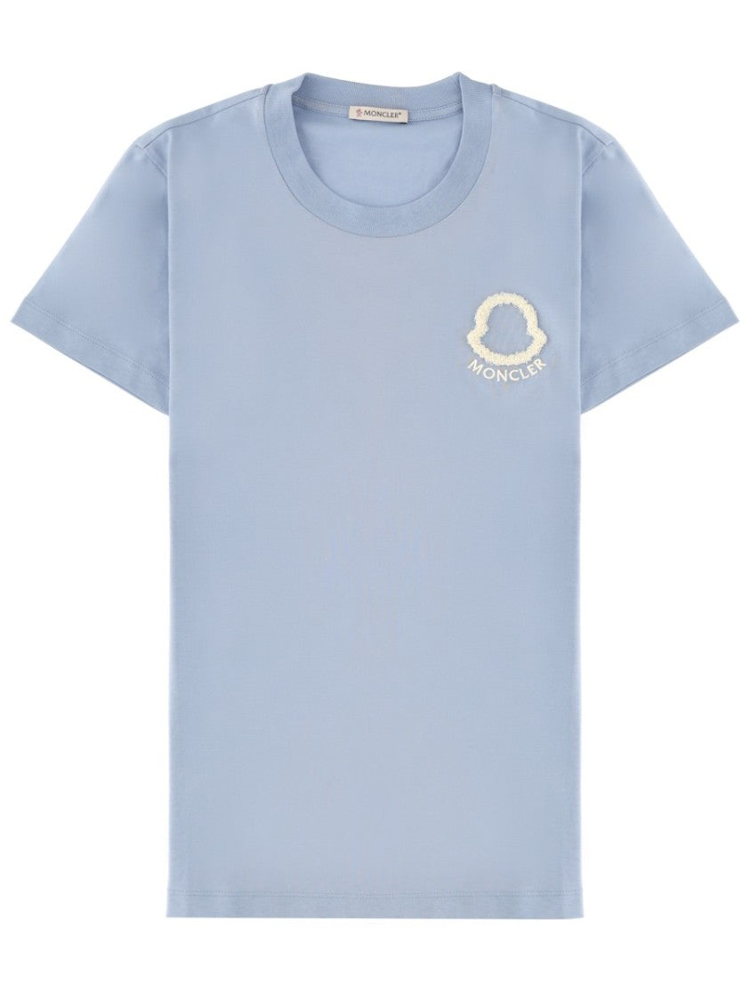 Moncler Light Blue Embroidered Logo Cotton T-Shirt