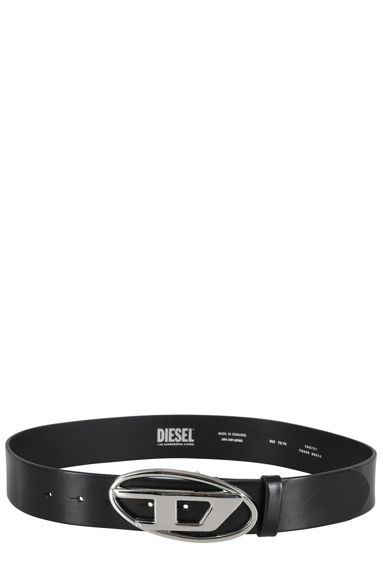 Diesel Black Leather Belt With Polished Oval Buckle