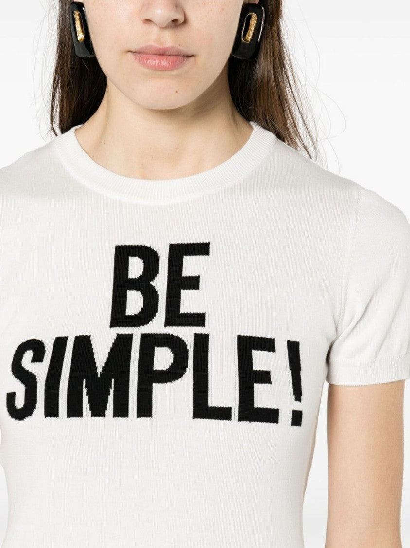 Moschino Intarsia-Knit Short-Sleeve Sweater With Bold Slogan