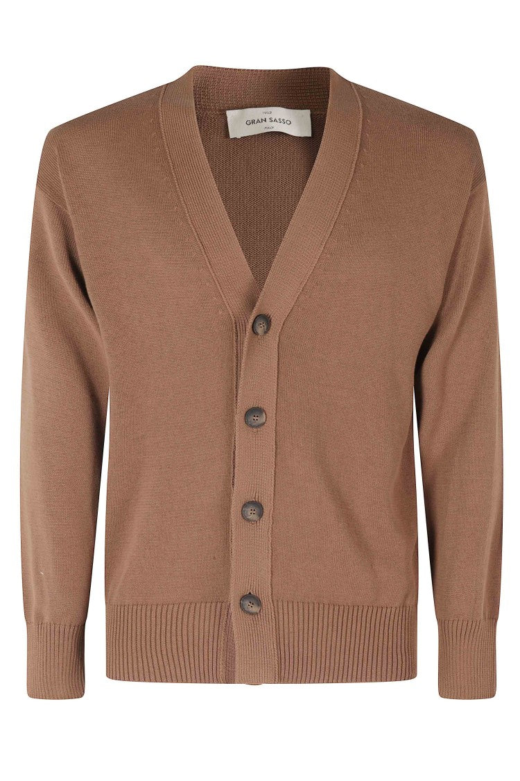 Gran Sasso Tobacco V-Neck Ribbed Trim Cotton Cardigan