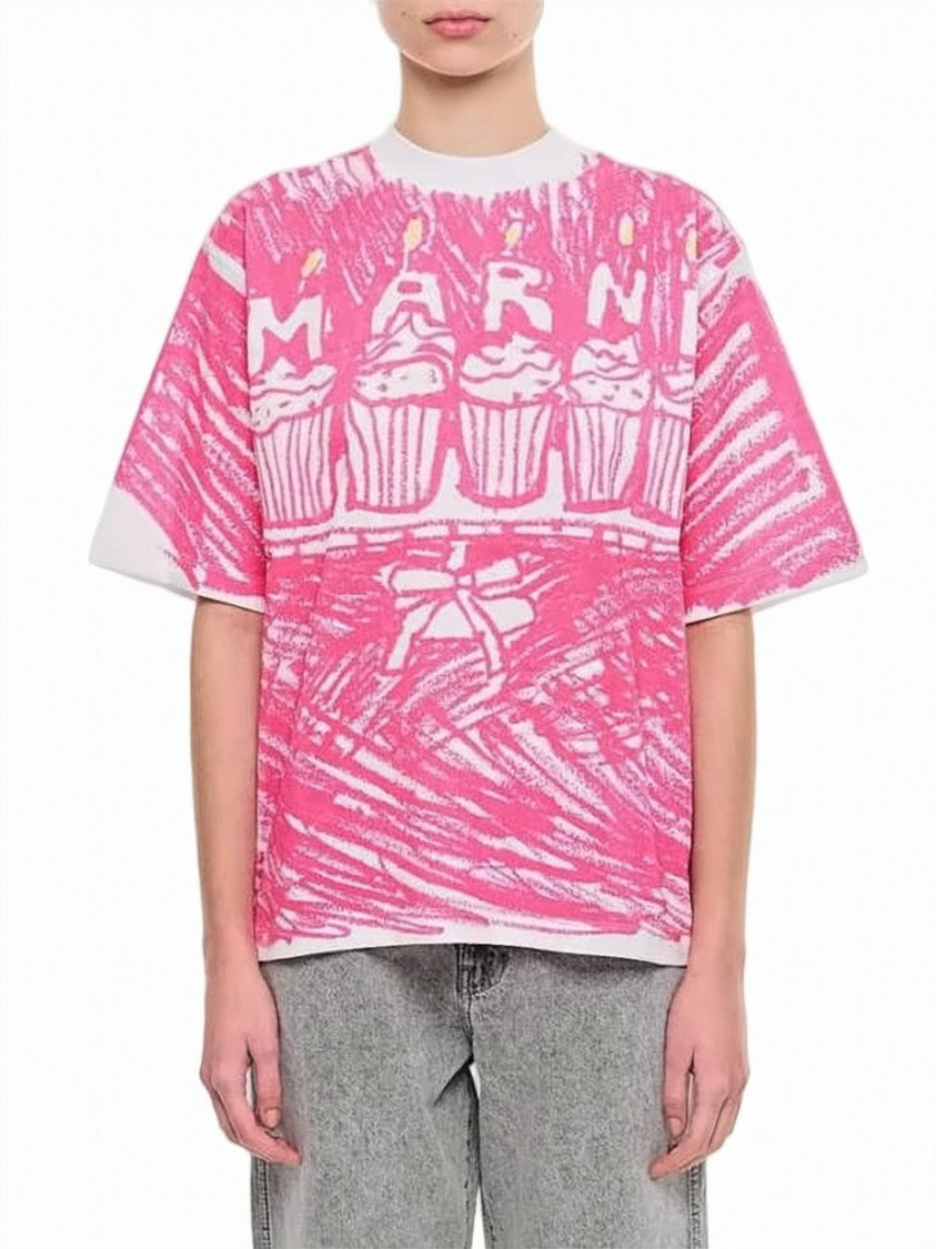 Marni Abstract Pink And White Patterned Short-Sleeved Tee