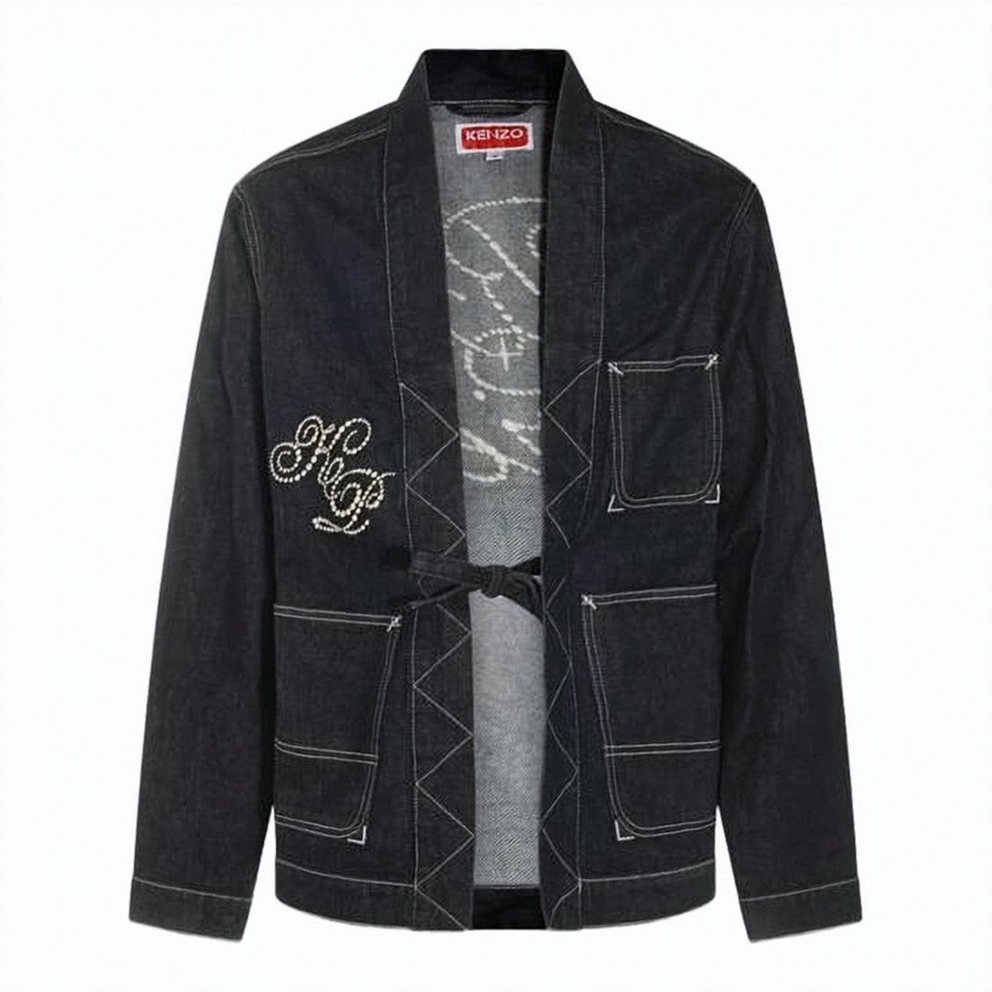 Kenzo Kimono-Inspired Open Front Denim Jacket With Tie Closure