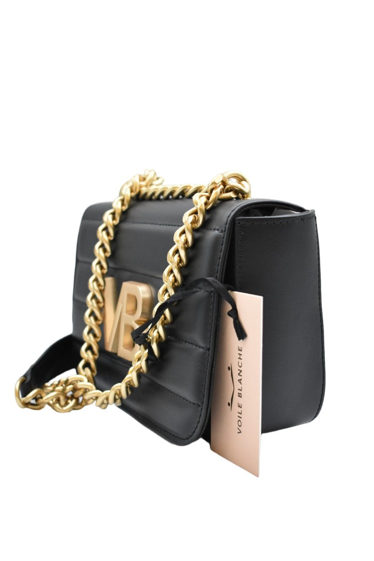 Voile Blanche Quilted Black Handbag With Gold-Tone Chain Strap