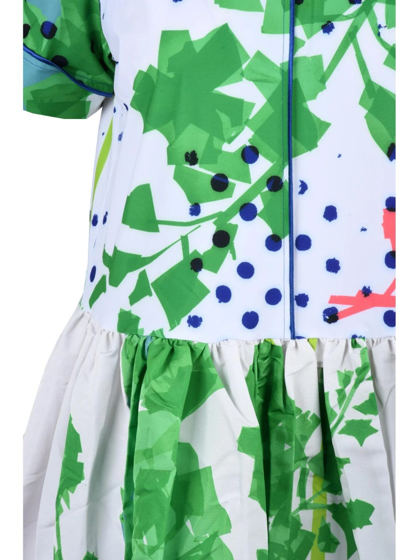 Sara Roka White Green Floral Taffeta Long Dress