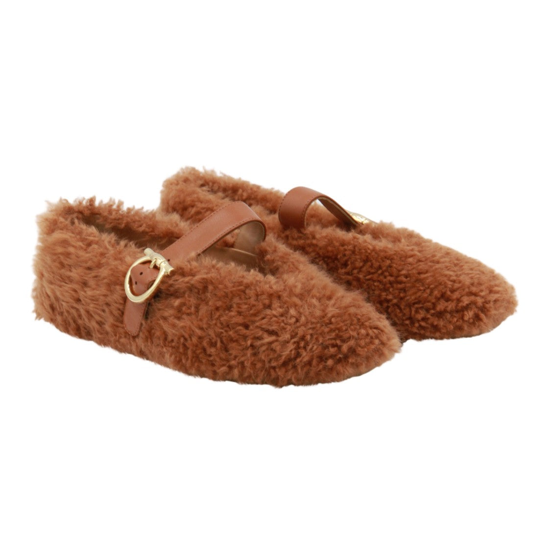 Ferragamo Curly-Textured Brown Flats With Gold Buckle Detail