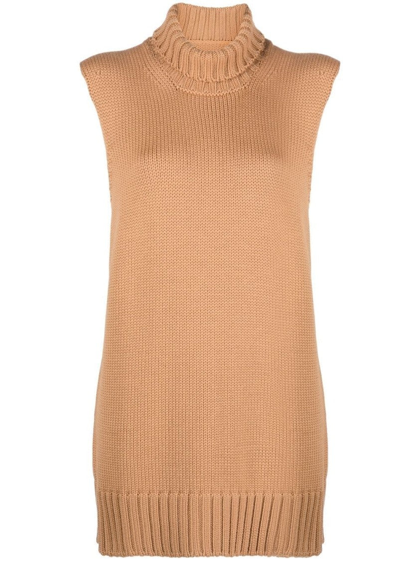 Jil Sander Ribbed Turtleneck Knit Vest In Warm Beige