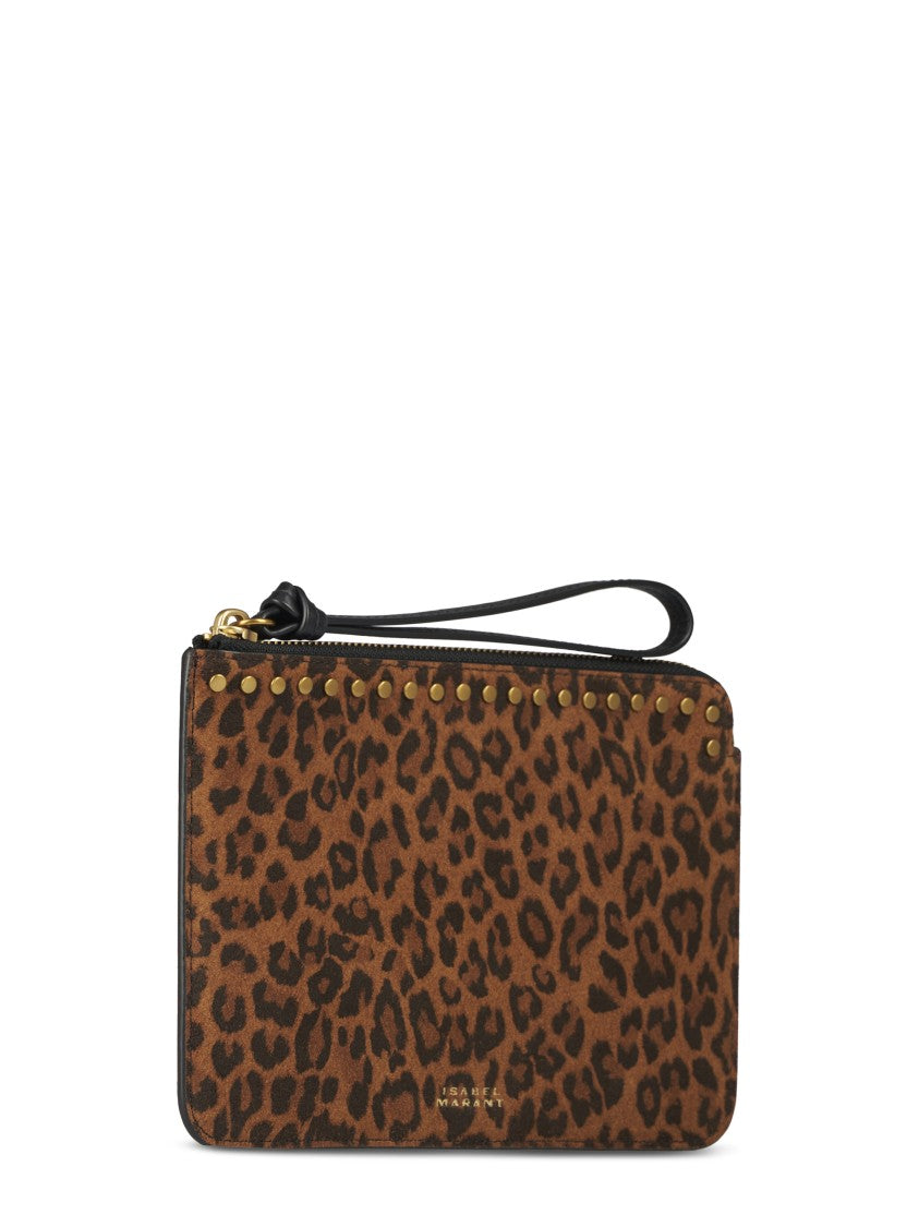 Isabel Marant Leopard Print Flat Pouch With Gold Studs And Wrist Strap