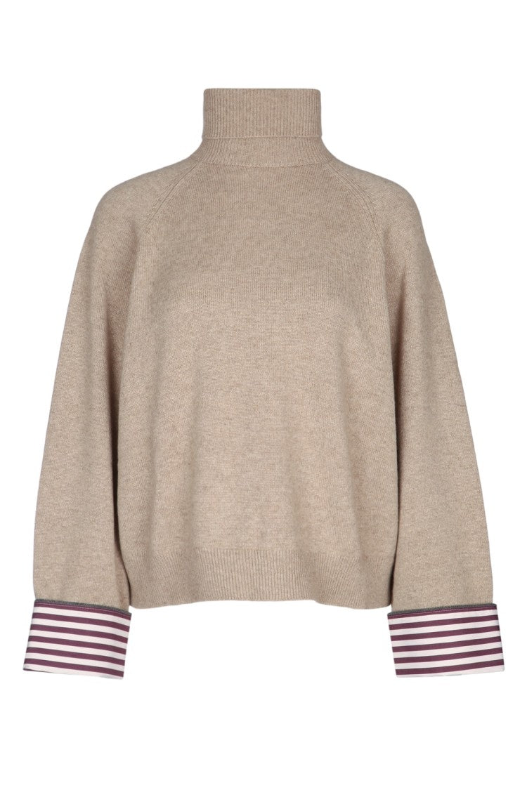 Brunello Cucinelli Cropped Cashmere Turtleneck Sweater With Striped Cuffs