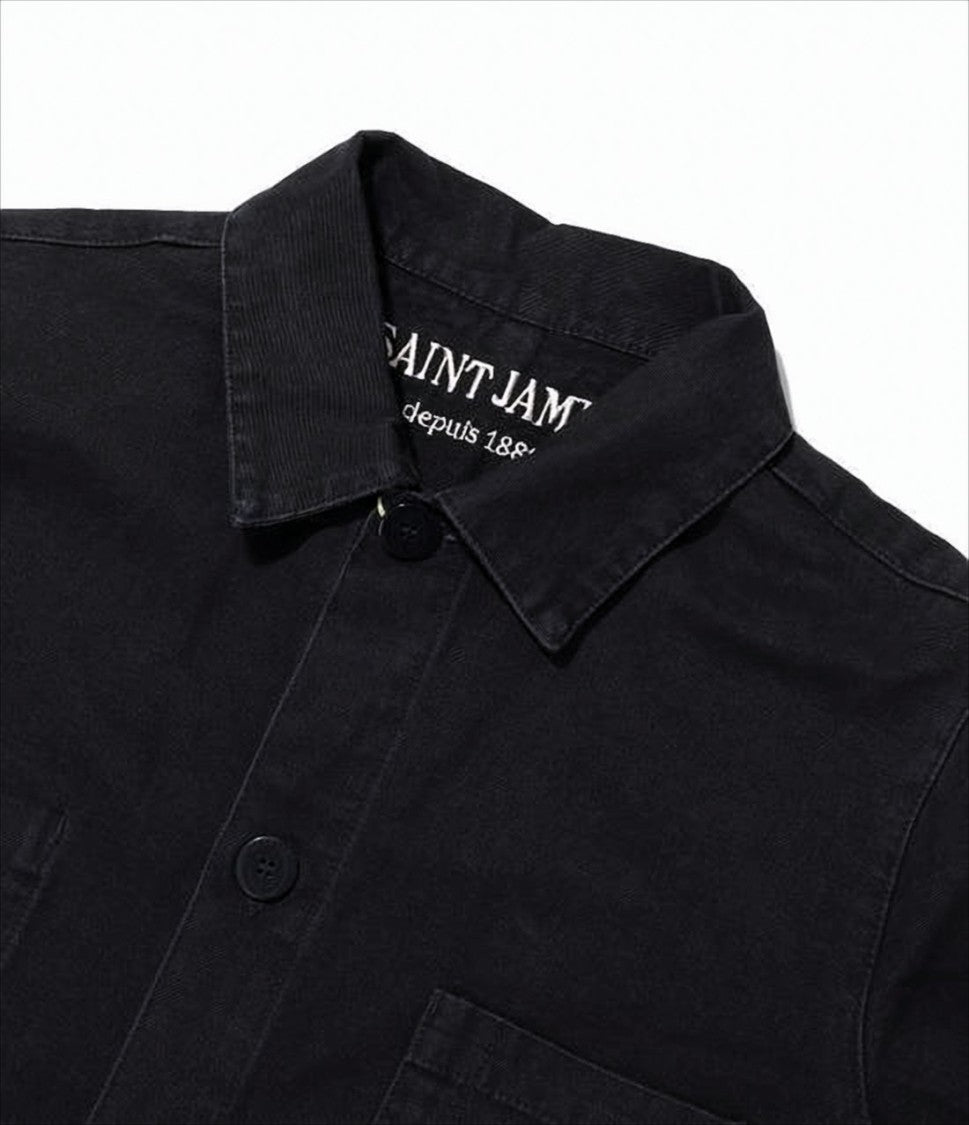 Saint James Button-Up Black Cotton Jacket With Pointed Collar And Patch Pockets