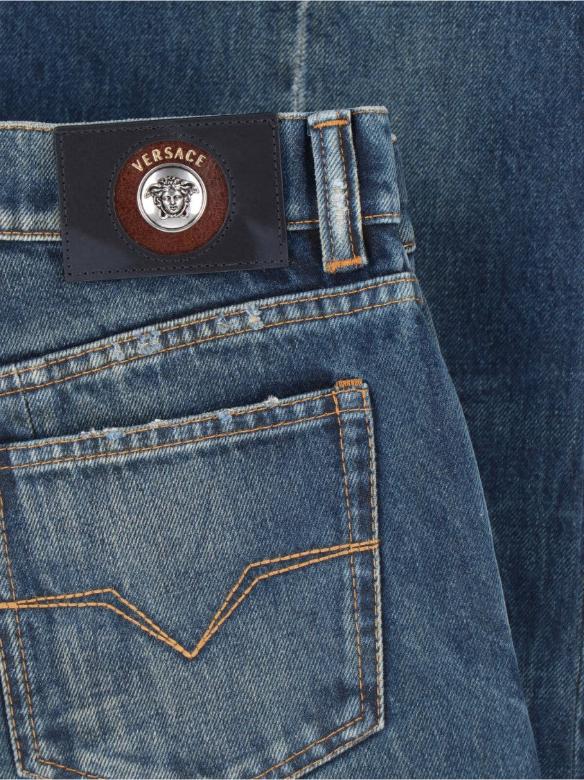 Versace Blue Wide-Leg Distressed Denim Jeans