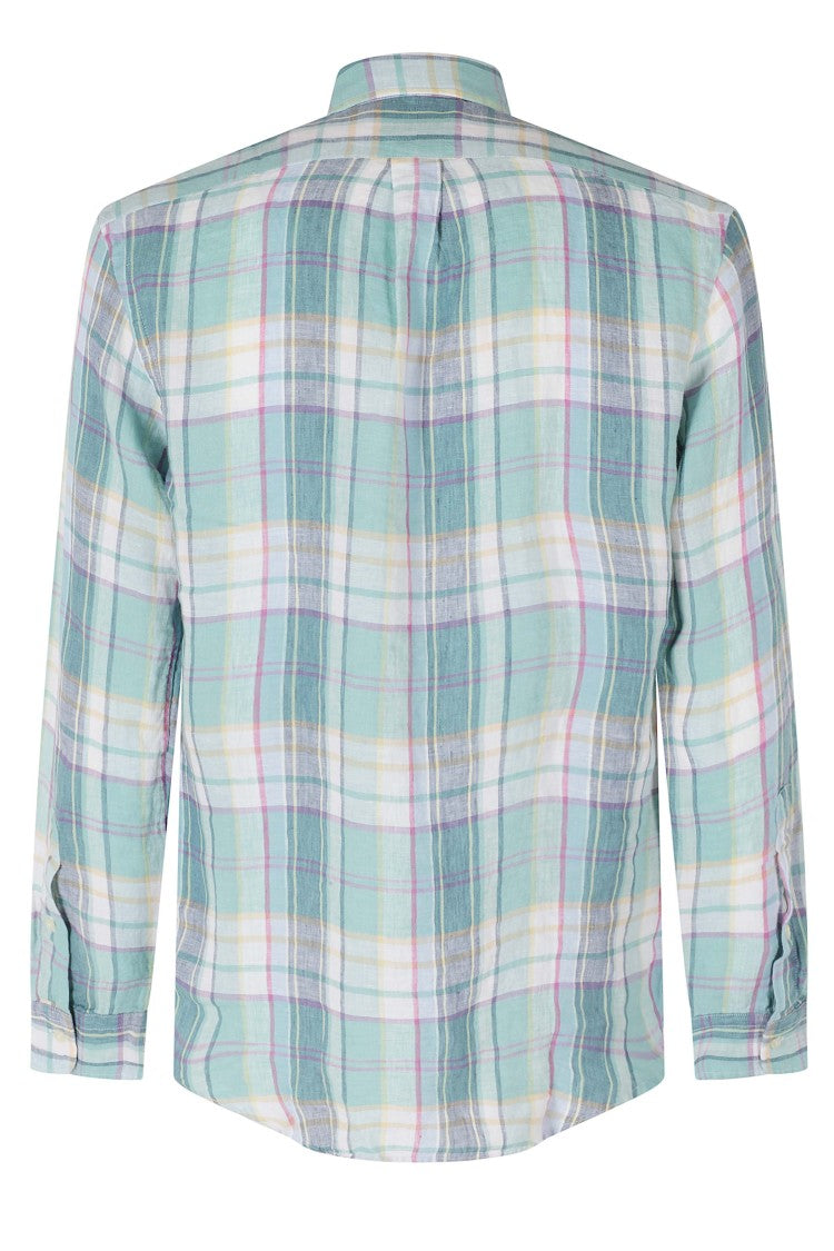 Polo Ralph Lauren Green Blue White Plaid Button-Down Linen Slim Shirt