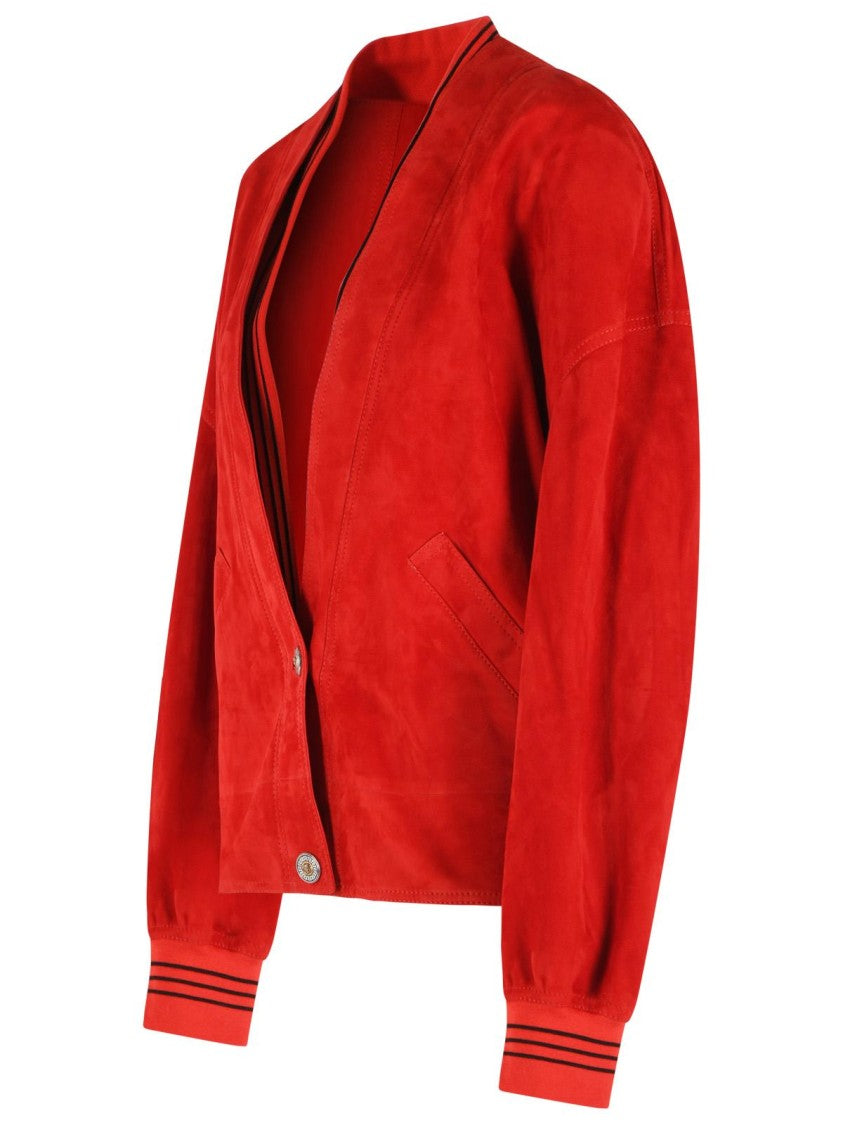 Versace Vibrant Red Suede Jacket With Deep V Neckline