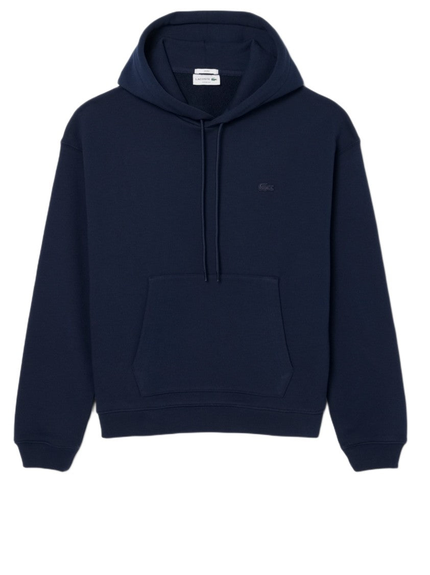 Lacoste Classic Fit Blue Cotton Fleece Hoodie With Adjustable Drawstring