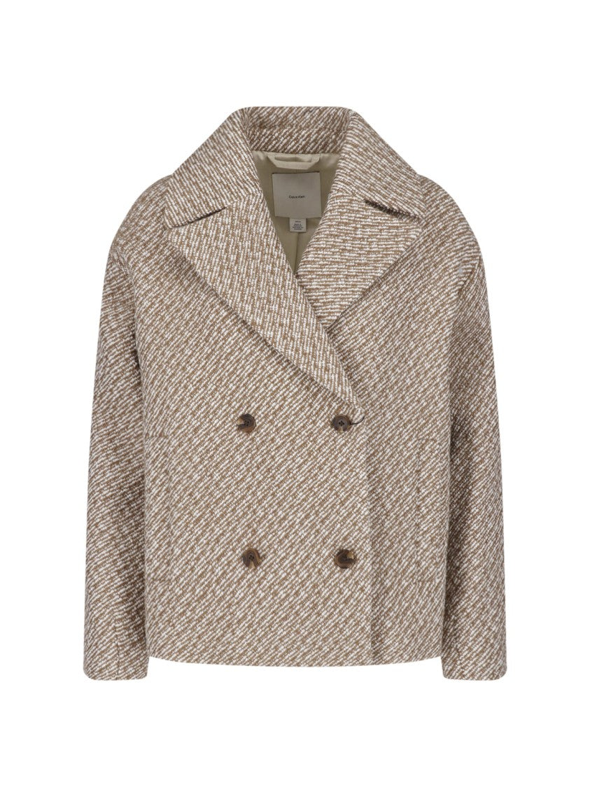 Calvin Klein Short Double-Breasted Wool Blend Coat With Notched Lapels